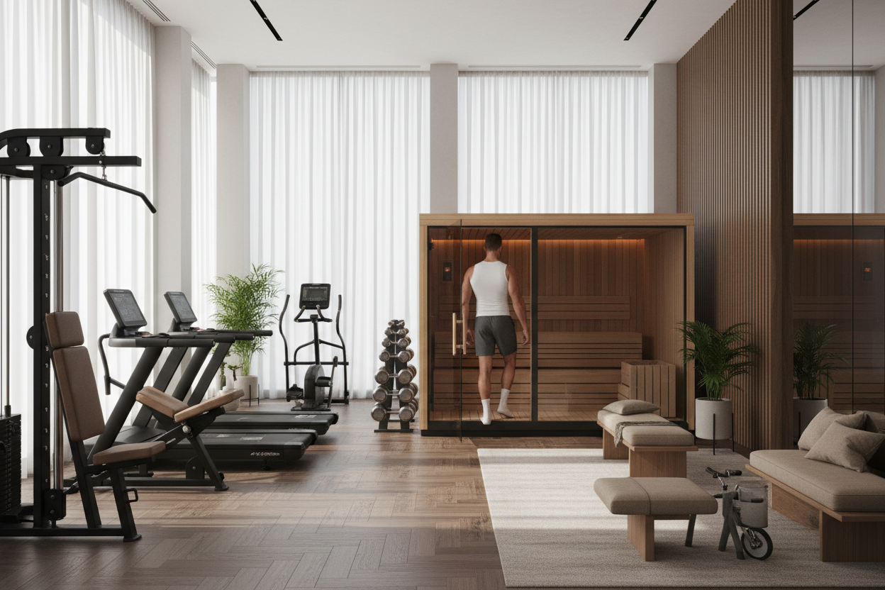 Generate a banner image suitable for a premium online store, but with natural lighting. Feature a photorealistic "Luxury" vibe of a modern architetural high end light and welcomign relaxing home gym room in a modern home with a dark wood flooring parwut tall cielings and winsoea and gym equipemnt and a sauna wiht a man going insideas the clear focus. The surrounding scene, mood, and setting should be designed entirely around the product 